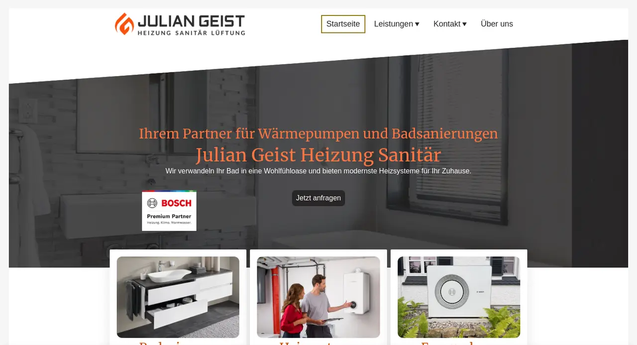 Startseite der Website von Julian Geist Heizung Sanitär Lüftung